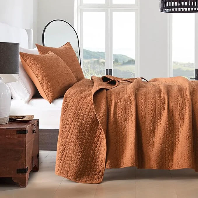 Solid HORIMOTE HOME Quilt Set Twin Size Burnt Orange Classic Geometric Spots Stitched Pattern Pre-Washed Microfiber Chic Rustic Look Ultra Soft Lightweight Quilted Bedspread for All Season 2 Pieces Unique