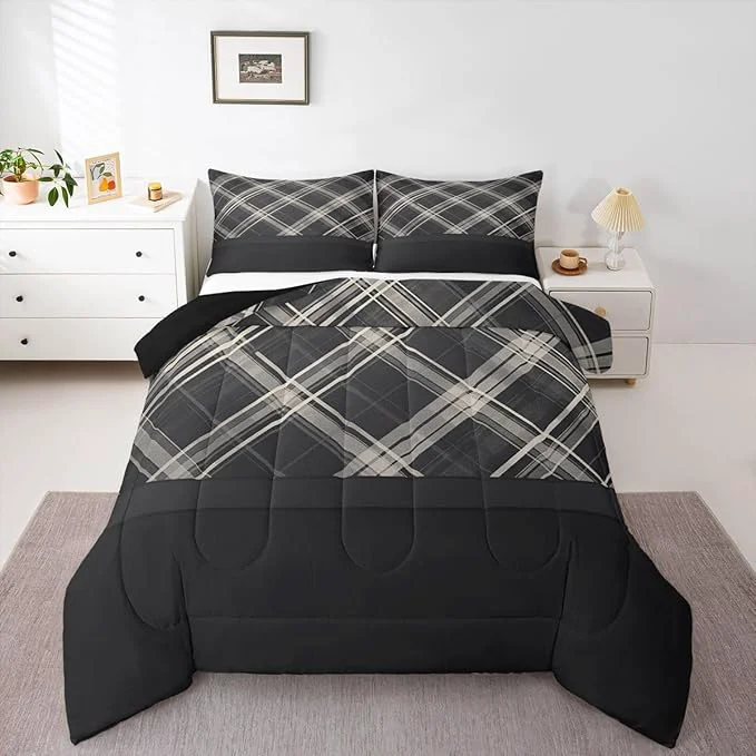 Trusted Erosebridal Grey Plaid Comforter Sets Queen Grey Printed and Spliced Plaid Herringbone Bedding Set for Adult Farmhouse Grey Quilt Set Modern Simple Lattice Duvet Insert with 2 Pillowcases Lightweight Versatile