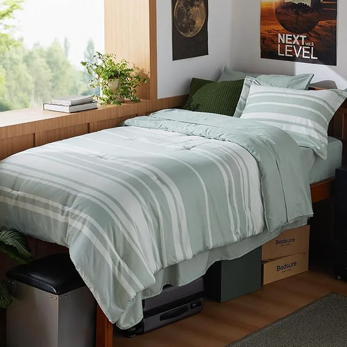 High-Grade Bedsure Twin XL Comforter Set 5 Pieces Sage Green Striped Bedding Set for All Seasons Reversible Cationic Dyeing Bed in a Bag with Comforter Sheets Pillowcase amp Sham Consistent