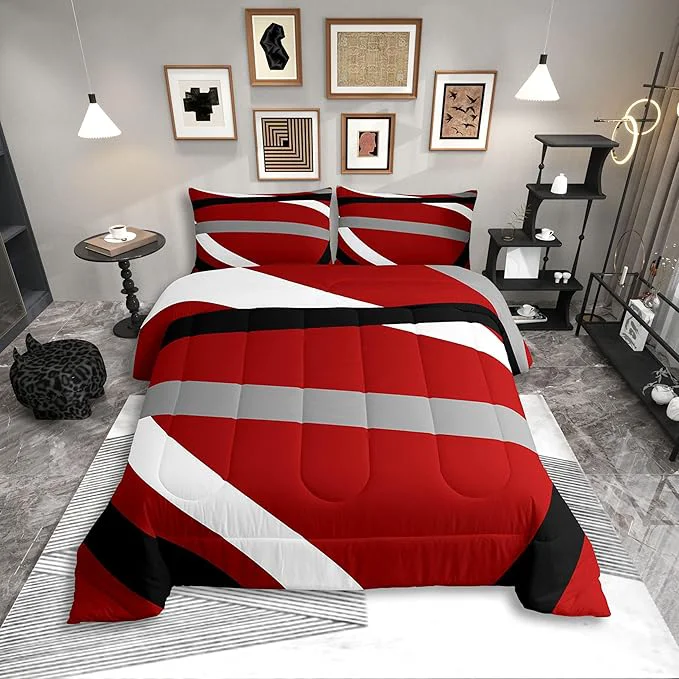 Superior Erosebridal Red Gray Black Striped Queen Comforter Set for Adult Women Men Modern Abstract Bedding Set Geometric Lines Bed Set Aesthetic Boho Quilt Set Expertly Made