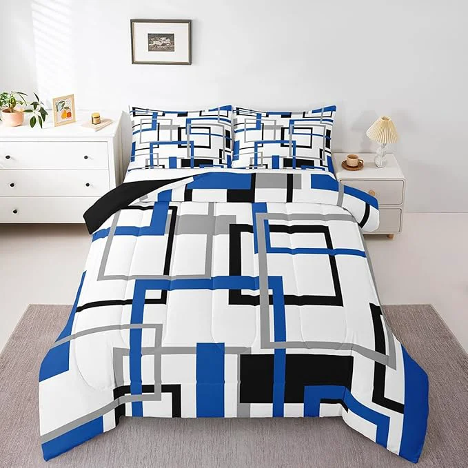 Solid Grid Comforter Set White Black Grey Blue Square Bedding Set Geometric Stripes Bold Lines Quilted Duvet Queen Warm for Kids Teens Adult Modern Creative Art Down Comforter with 2 Pillowcases Fine Crafted