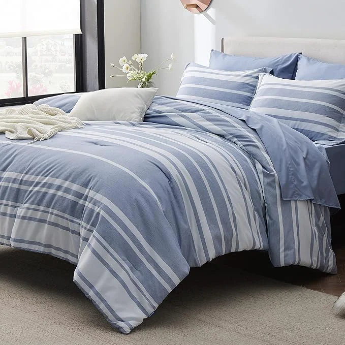 Durable Bedsure Full Comforter Set 7 Pieces Blue Striped Bedding Set for All Seasons Reversible Cationic Dyeing Bed in a Bag with Comforter Sheets Pillowcases amp Shams Environmentally Friendly