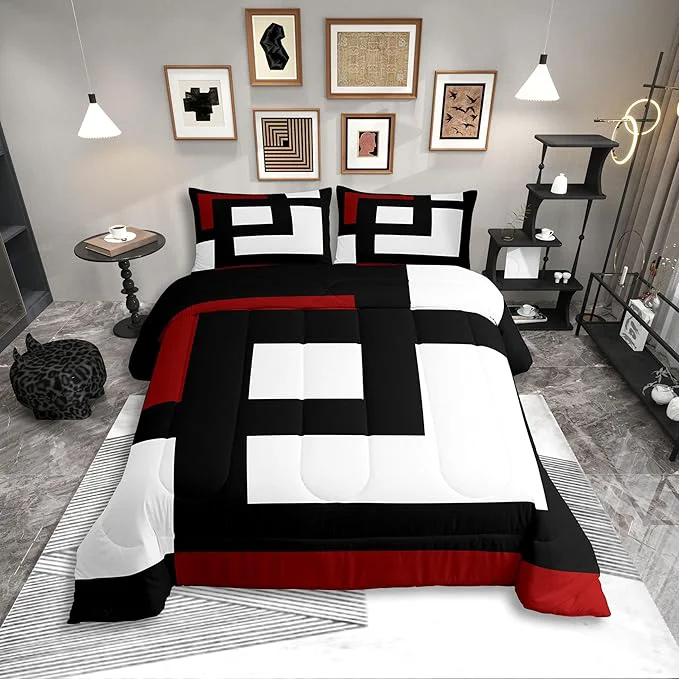Luxury Erosebridal Red Black and White Striped Toddler Comforter Square Abstract Bedding Set Modern Geometric Stripes Bold Lines Duvet Insert Minimalist Stylish Plaids Bed Sets Classic