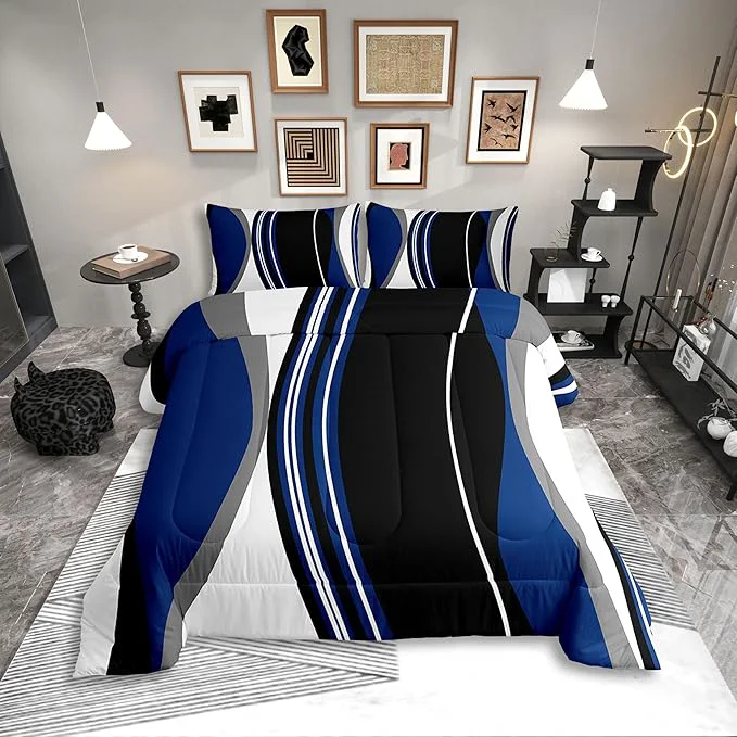 Erosebridal Blue Black Abstract Toddler Comforter Grey Modern Striped Bedding Set Geometric Stripes Lines Duvet Insert Contemporary Art Boho Bed Sets for Minimalist Specialty