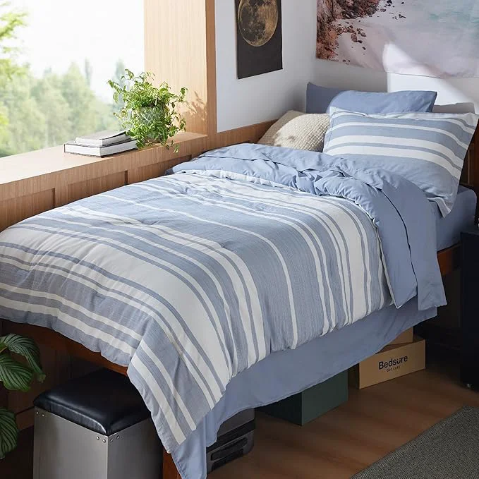 High-Performance Bedsure Twin XL Comforter Set 5 Pieces Blue Striped Bedding Set for All Seasons Reversible Cationic Dyeing Bed in a Bag with Comforter Sheets Pillowcase amp Sham Smooth