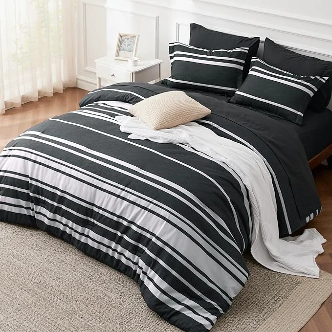 Casual Bedsure California King Comforter Set 7 Pieces Black Striped Bedding Set for All Seasons Reversible Cationic Dyeing Bed in a Bag with Comforter Sheets Pillowcases amp Shams Official