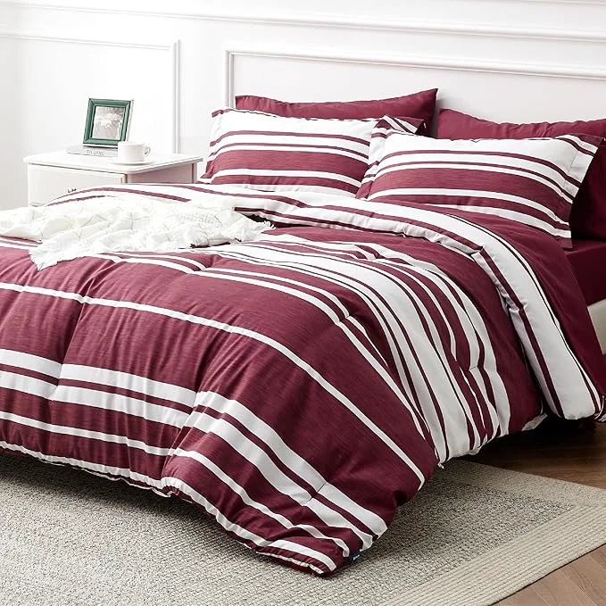 Relaxed Bedsure Full Comforter Set 7 Pieces Burgundy Striped Bedding Set for All Seasons Reversible Cationic Dyeing Bed in a Bag with Comforter Sheets Pillowcases amp Shams Fine