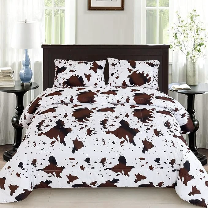 Crafted PERFEMET 3Pcs Cow Comforter Set King Size Rustic Cow Print Western Bedding Sets Farmhouse Reversible Checkered Cowhide Bed Quilt Set with Pillowcases Brown White King Dependable