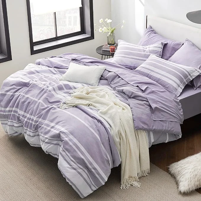 Practical Bedsure Twin Comforter Set 5 Pieces Purple Striped Bedding Set for All Seasons Reversible Cationic Dyeing Bed in a Bag with Comforter Sheets Pillowcase amp Sham Official