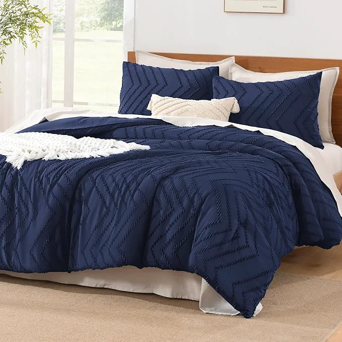 Optimized Litanika Comforter Oversized King Size Set Navy Blue 3 Pieces Chevron Tufted Solid Bedding Comforter Sets Fluffy Bed Set Comfortable