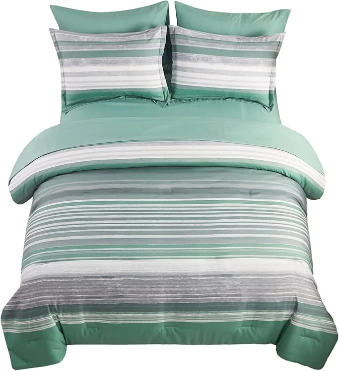 Outstanding KAKIJUMN 7 Piece Bed in a Bag Stripe Comforter Set Full Size White Grey Sage Green Patchwork Striped Comforter and Sheet Set All Season Soft Microfiber Complete Bedding Set Green Full Organic