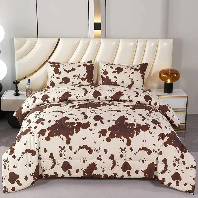 Certified PERFEMET Cow Print King Size Comforter Set Brown and Beige Western Bedding Set Cartoon Animal Pattern Farmhouse Bed Set for Teens Boys Girls Men Women Beige King Trendy