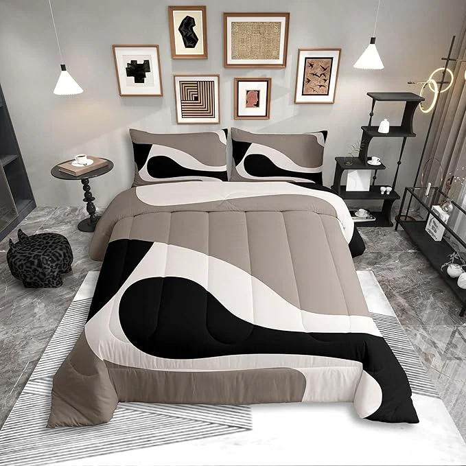 Practical Erosebridal Black Beige Striped Comforter Set Twin Size Boho Modern Geometric Abstract Bedding for Women Men Adults Stripes Bold Lines Quilt Minimalist Stylish Art Bedding Comforter Sets Luxury