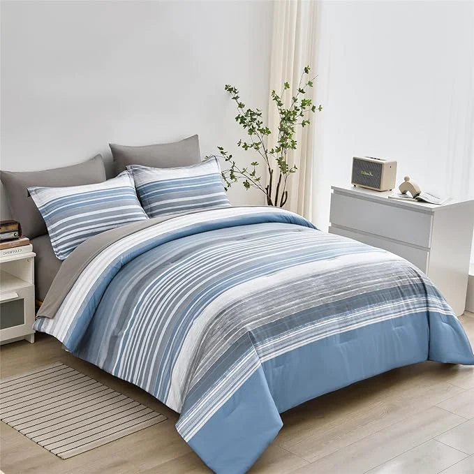 Fashionable KAKIJUMN 7 Piece Bed in a Bag Stripe Comforter Set Full Size White Grey Blue Striped Comforter and Sheet Set All Season Soft Microfiber Complete Bedding Set Light Blue Full Dependable