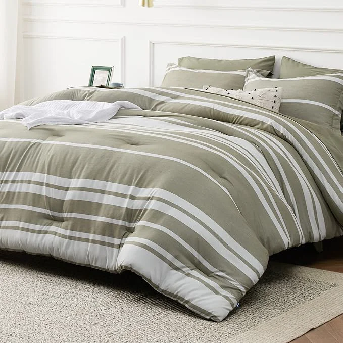 Smooth Bedsure Queen Comforter Set 7 Pieces Olive Green Striped Bedding Set for All Seasons Reversible Cationic Dyeing Bed in a Bag with Comforter Sheets Pillowcases amp Shams Easy-to-Use