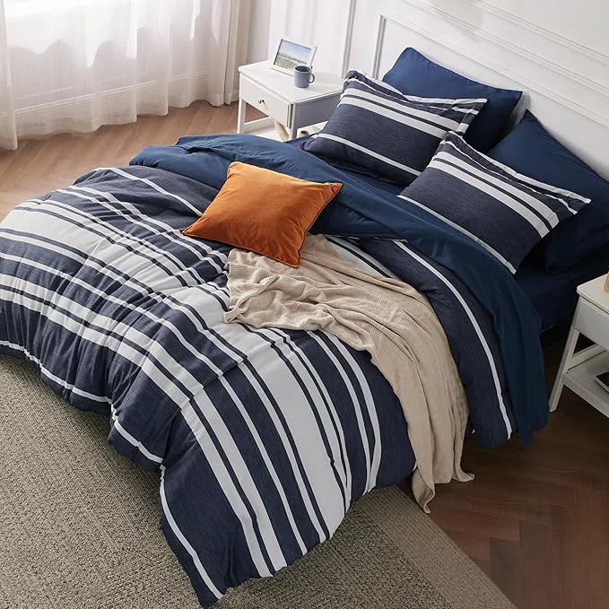 Advanced Bedsure Full Comforter Set 7 Pieces Blue Striped Bedding Set for All Seasons Reversible Cationic Dyeing Bed in a Bag with Comforter Sheets Pillowcases amp Shams Enhanced