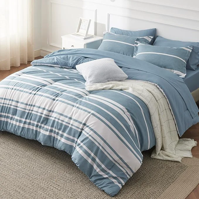 Fast Bedsure Twin Comforter Set 5 Pieces Grey Blue Striped Bedding Set for All Seasons Reversible Cationic Dyeing Bed in a Bag with Comforter Sheets Pillowcase amp Sham Authentic