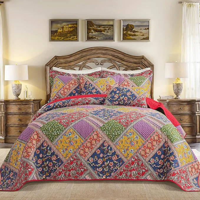 Elite BEDIFANY Cotton King Quilt Set – Vintage Farmhouse Bedspread with Vibrant Floral Pattern 3-Piece Lightweight Coverlet 98×106 Inch 2 Pillow Shams All Seasons Multicolor Quilt Bedding Set Carefully Designed