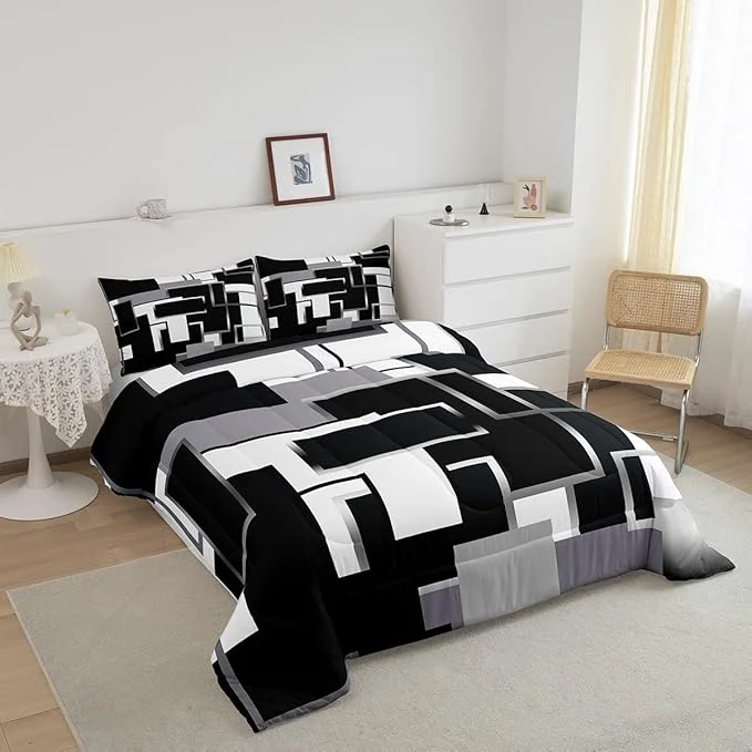 Advanced Erosebridal Geometric Comforter Sets Full Black and White Bedding Set for Kids Teens Youth Modern Ombre Quilt Set Soft Mid Century Square Duvet Insert with 2 Pillow Shams Lightweight Warm High-Performance