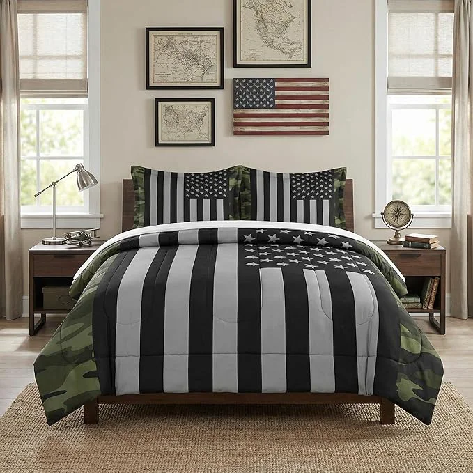 Exceptional Twin Size Comforter Set with Pillowcase Black Military Camouflage American Flag Soft 2 Pcs Bedding for Kids and Adults Bedroom Bed Decor Refined