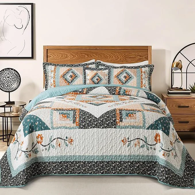 Crafted BEDIFANY Cotton Quilts Queen Size Sets – Lightweight Bedspreads Queen Size – Lightweight Garden Style Queen Quilt Bedding Sets for Bed Decorations for All Seasons 3 Pieces Responsible