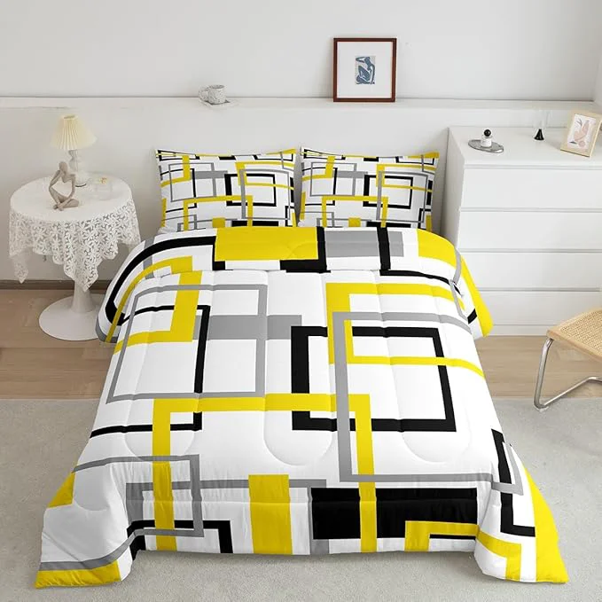 Crafted Grey Golden Black White Comforter Set Colorful Geometric Square Bedding Set for Kids Boys Girls Bedroom Decor Grid Plaid Stripes Quilted Duvet Full Modern Simple Style Graphic Down Comforter Smooth