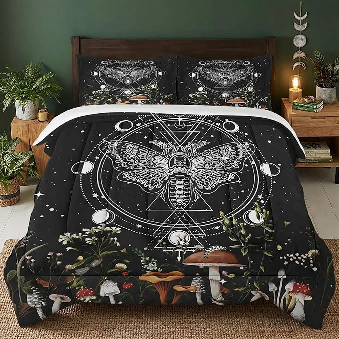 Exclusive Twin Size Comforter Set with Pillowcase Moth Dead Moon 2 Pcs Bedding for Kids and Adults Vintage Mushroom Wildflower Soft Comforter Set for Bedroom Bed Decor Responsible