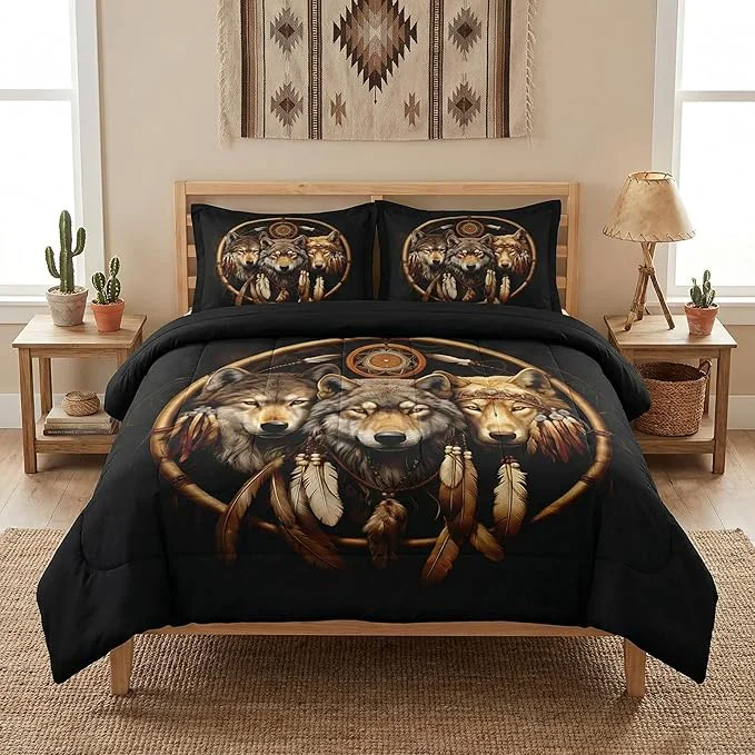 Consistent King Size Comforter Set with 2 Pillowcases Black Tribal Three Wolf 3 Pcs Bedding for Kids and Adults American Boho Feather Dreamcatcher Soft Comforter Set for Bedroom Bed Decor Original Design
