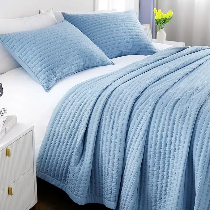 Functional Twin Quilt Set – 68 quot x86 quot Soft Washed 3-Layer Lightweight Bedspread with Multi-Lock Quilting Minimalist Nordic Bedding All-Season Quilt for Spring Summer amp Fall 1 Quilt 2 Pillow Shams Blue Elite