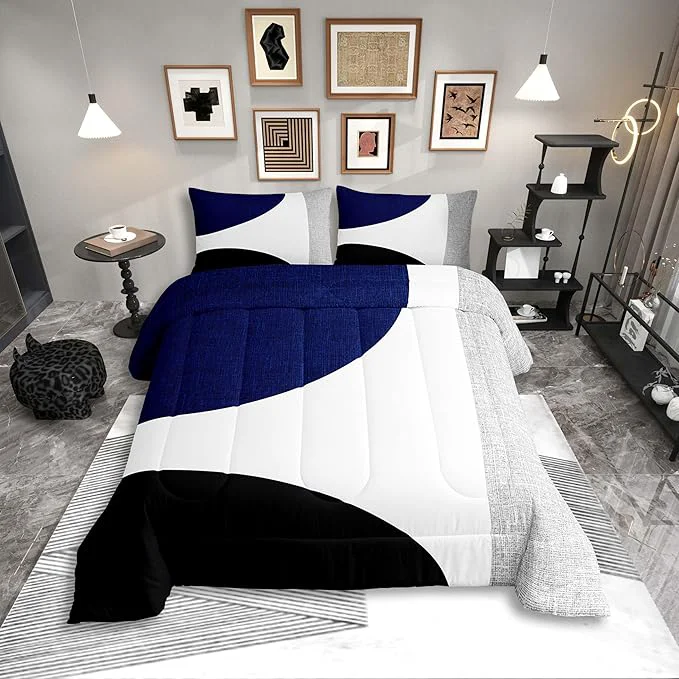 Optimized Erosebridal Navy Blue Abstract Comforter Set Toddler Black and White Boho Geometric Circle Bedding for Minimalist Striped Lines Modern Art Quilt Watercolor Creative Artwork Bedding Comforter Sets Unique