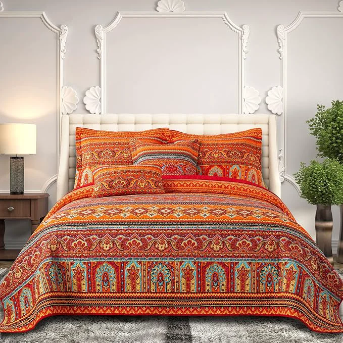 Comfortable BEDIFANY Cotton King Size Quilt Set – Boho Lightweight King Bedspread – Colorful Orange Reversible Coverlets Quilt Bedding Sets – Oversized King Quilt Set for Bed Decorations for All Seasons 3 Pieces Responsible