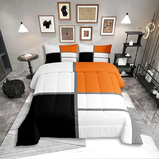 Verified Erosebridal Geometric Abstract Twin Bedding Sets for Adult Women Men Blue and White Striped Comforter Set Square Grid Quilt Duvet Set Modern Art Patchwork Bedding Collections for Minimalist Outstanding