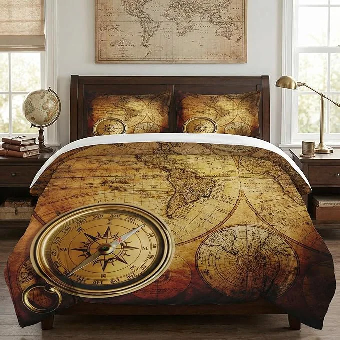 Selected Twin Size Comforter Set with Pillowcase Vintage Retro World Map Soft 2 Pcs Bedding for Kids and Adults Bedroom Bed Decor Recyclable
