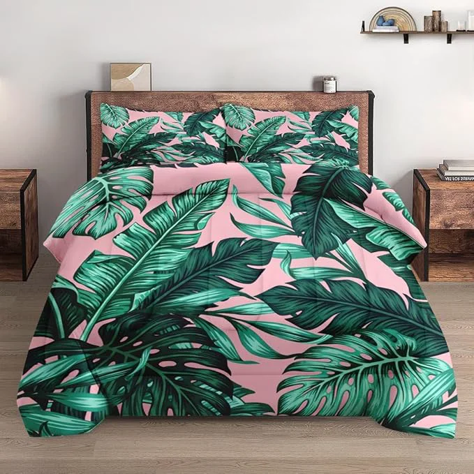 Fast King Size Comforter Set with 2 Pillowcases Tropical Green Leaves Pink Leaf Soft 3 Pcs Bedding for Kids and Adults Bedroom Bed Decor Original