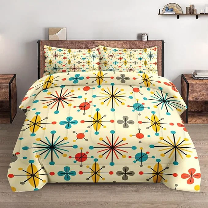 Functional Twin Size Comforter Set with Pillowcase Mid Century Retro 50S Atomic Soft 2 Pcs Bedding for Kids and Adults Bedroom Bed Decor Original