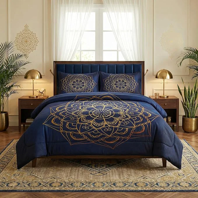 Trendy Twin Size Comforter Set with Pillowcase Navy Blue Boho Gold Mandala Soft 2 Pcs Bedding for Kids and Adults Bedroom Bed Decor Reusable