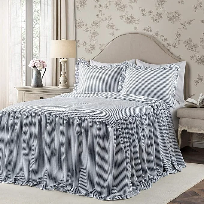 Artisan Lush Decor Ticking Stripe Bedspread King Size 3 Piece Set Navy – Ruffle Bedding Set King Bedspreads – Striped Bedding – Farmhouse amp Coquette Decor Unique