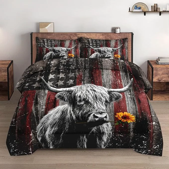 Fashionable Twin Size Comforter Set with Pillowcase Highland Cow Animal 2 Pcs Bedding for Kids and Adults Farm American Flag Soft Comforter Set for Bedroom Bed Decor High-Grade