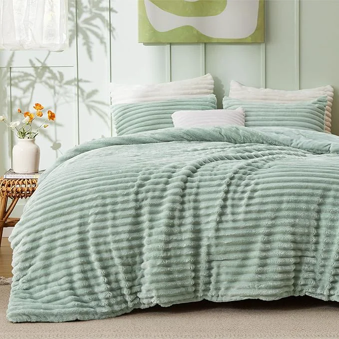 Powerful Bedsure Comforter Set Queen Size – GentleSoft™ 3 Pieces Double-Side Fleece Fluffy Sage Green Comforter Set Cozy Striped Room Decor Aesthetic Luxury Bedding Queen Size 2 Pillowcases 90×90 Inches Smart