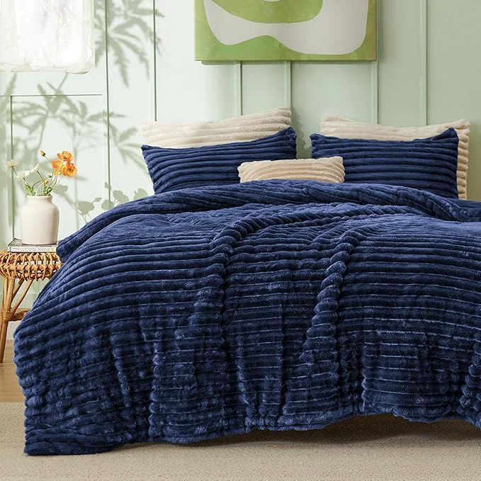 Secure Bedsure King Comforter – GentleSoft™ 3 Pieces Double-Side Fleece Fluffy Navy Blue Comforter Set Cozy Striped Room Decor Aesthetic Luxury King Size Bedding with 2 Pillowcases 104×90 Inches Genuine