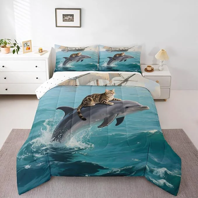 Unique Erosebridal Kawaii Cat Comforter Set King Size Dolphin Quilt Insert for Kids Girls Boys Cute Kitten Sea Waves Natural Ocean Blue Yellow Comforter Warm Soft Bedding Set Trusted