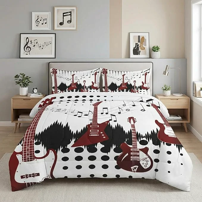 Contemporary Full Size Comforter Set with 2 Pillowcases Guitar Rock Music 3 Pcs Bedding for Kids and Adults Musical Play Soft Comforter Set for Bedroom Bed Decor Recyclable