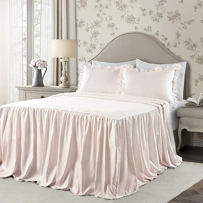 Authentic Lush Decor Ticking Stripe Bedspread Queen Size 3 Piece Set Blush – Ruffle Bedding Set Queen Bedspreads – Striped Bedding – Farmhouse amp Coquette Decor Trusted