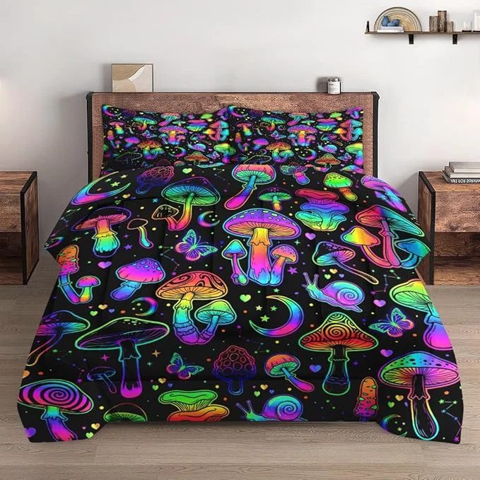 Excellent Full Size Comforter Set with 2 Pillowcases Summer Halloween Mushroom Neon Soft 3 Pcs Bedding for Kids and Adults Bedroom Bed Decor Original Design