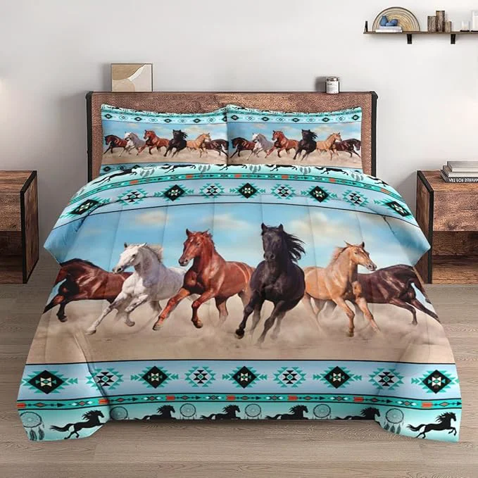 Convenient King Size Comforter Set with 2 Pillowcases Horses Desert Animal 3 Pcs Bedding for Kids and Adults Tribal Farm Sunset Run Soft Comforter Set for Bedroom Bed Decor Reliable
