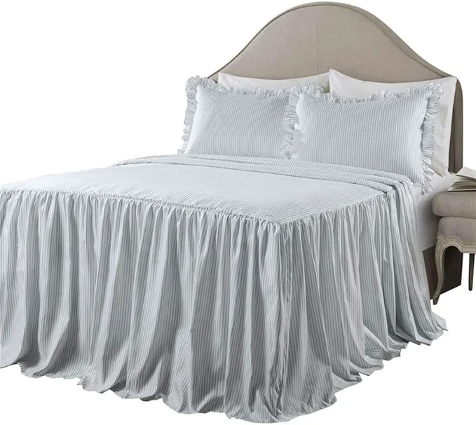 User-Friendly Lush Decor Ticking Stripe Bedspread Queen Size 3 Piece Set Lake Blue – Ruffle Bedding Set Queen Bedspreads – Striped Bedding – Farmhouse amp Coquette Decor Verified