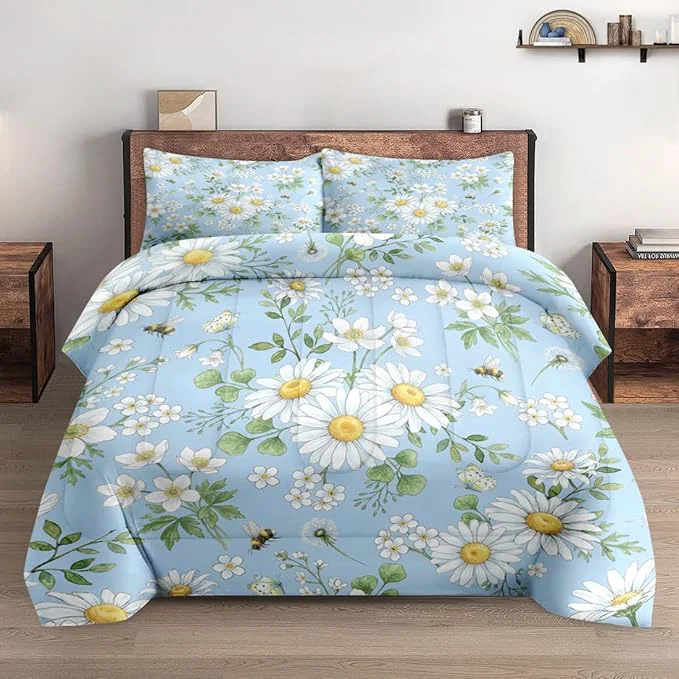 Stylish Full Size Comforter Set with 2 Pillowcases Spring Summer Botanical Wildflower Daisy Flower Green Floral Soft 3 Pcs Bedding for Kids and Adults Bedroom Bed Decor High-Quality