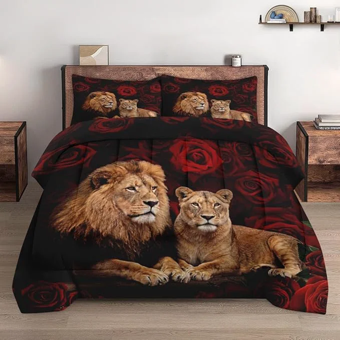 Powerful King Size Comforter Set with 2 Pillowcases Lion Family Soft 3 Pcs Bedding for Kids and Adults Bedroom Bed Decor Proven