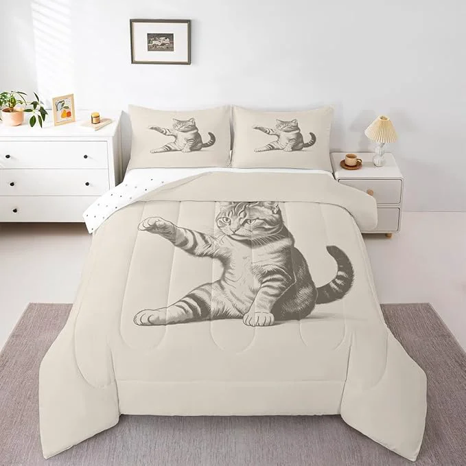 Efficient Erosebridal Cat Comforter Set King Size Sketch Animal Bedding Set for Kids Boys Girls Kawaii Kitten 3D Cute Beige Black Comforter Warm Soft Quilt Insert Reusable