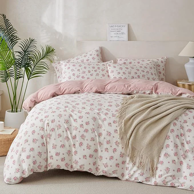 Recyclable Flower King Comforter Set Soft 3 Pieces Chic Crinkle Gauze Fabric Garden Style Floral Print Botanical Comforter for All Seasons Luxury Warmth Comfy Breathable with 2 Pillowcases Clean